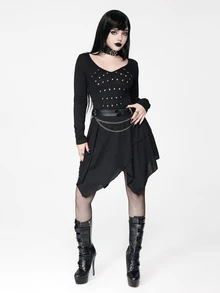 ROMWE Goth Women's Mid-Length Dress Dark Swamp Asymmetrical Hem Ribbon Foil Punk Music Festival - Black - View 8