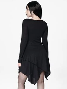 ROMWE Goth Women's Mid-Length Dress Dark Swamp Asymmetrical Hem Ribbon Foil Punk Music Festival - Black - View 2