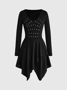 ROMWE Goth Women's Mid-Length Dress Dark Swamp Asymmetrical Hem Ribbon Foil Punk Music Festival - Black - View 1