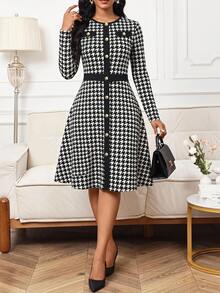 SHEIN Lady 女款千鳥格休閒日常夏季中長洋裝 - 黑與白 - 查看 8