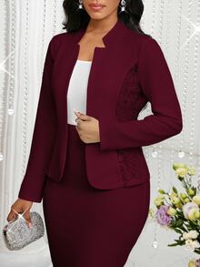 SHEIN Lady 女款優雅通勤酒紅色蕾絲拼接西裝外套與裙子商務休閒辦公服飾秋季兩件套女裝高雅聖誕 - 酒紅色 - 查看 7