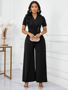 SHEIN Lady 2025新款女款交叉裹前無袖連身褲，優雅黑白配色夏季辦公穿搭，寬腿商務休閒萬聖節造型 - 黑色 - 查看 5