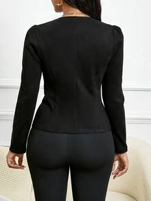 SHEIN Lady 黑色麂皮鈕扣裝飾開襟夾克，適合秋季晚餐、夜生活、辦公室、優雅萬聖節穿搭 - 黑色 - 查看 2