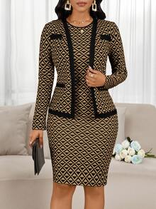 SHEIN Lady Women's Geometric Print Long Sleeve Cardigan And Sleeveless Fitted Dress Elegant 2 Pieces Set 2 Pieces Dress Set 2 Pieces Sets Woman Classy - Khaki - View 5