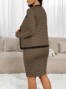 SHEIN Lady Women's Geometric Print Long Sleeve Cardigan And Sleeveless Fitted Dress Elegant 2 Pieces Set 2 Pieces Dress Set 2 Pieces Sets Woman Classy - Khaki - View 2