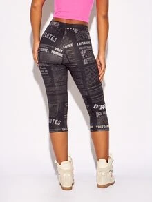 SUMWON WOMEN High Rise Cropped Leggings With Newspaper Print And Neon Pink Gothic Text Side Leg Detail Capri Length - Multicolor - View 5