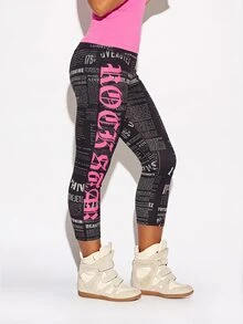 SUMWON WOMEN High Rise Cropped Leggings With Newspaper Print And Neon Pink Gothic Text Side Leg Detail Capri Length - Multicolor - View 3