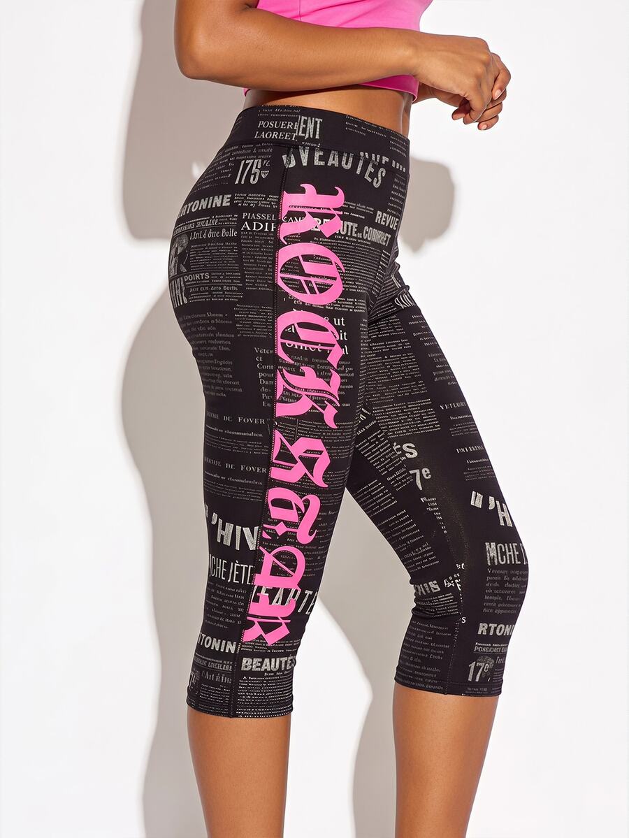 SUMWON WOMEN High Rise Cropped Leggings With Newspaper Print And Neon Pink Gothic Text Side Leg Detail Capri Length - Multicolor - View 1