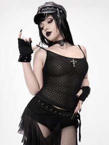 ROMWE Women's Mesh Tank Top Dark Swamp Goth Punk Street Rock Music Festival Style - Black - View 1