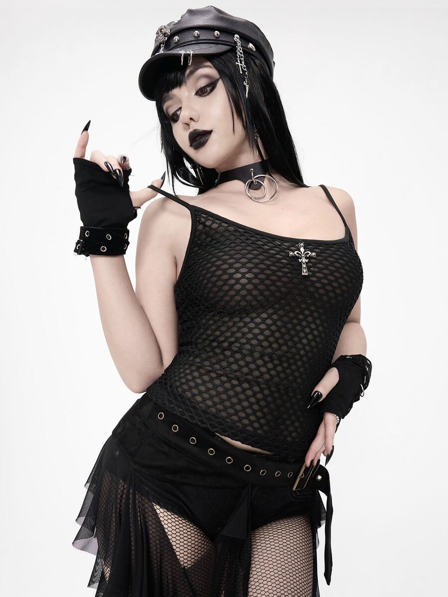 ROMWE Women's Mesh Tank Top Dark Swamp Goth Punk Street Rock Music Festival Style - Black - View 1