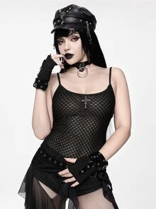 ROMWE Women's Mesh Tank Top Dark Swamp Goth Punk Street Rock Music Festival Style - Black - View 7
