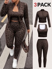 SHEIN EZwear Leopard Print Casual Plus Size Women's Zip-Up Square Neck Tank Top And Leggings Set Fall - Coffee Brown - View 1