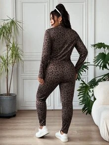 SHEIN EZwear Leopard Print Casual Plus Size Women's Zip-Up Square Neck Tank Top And Leggings Set Fall - Coffee Brown - View 2