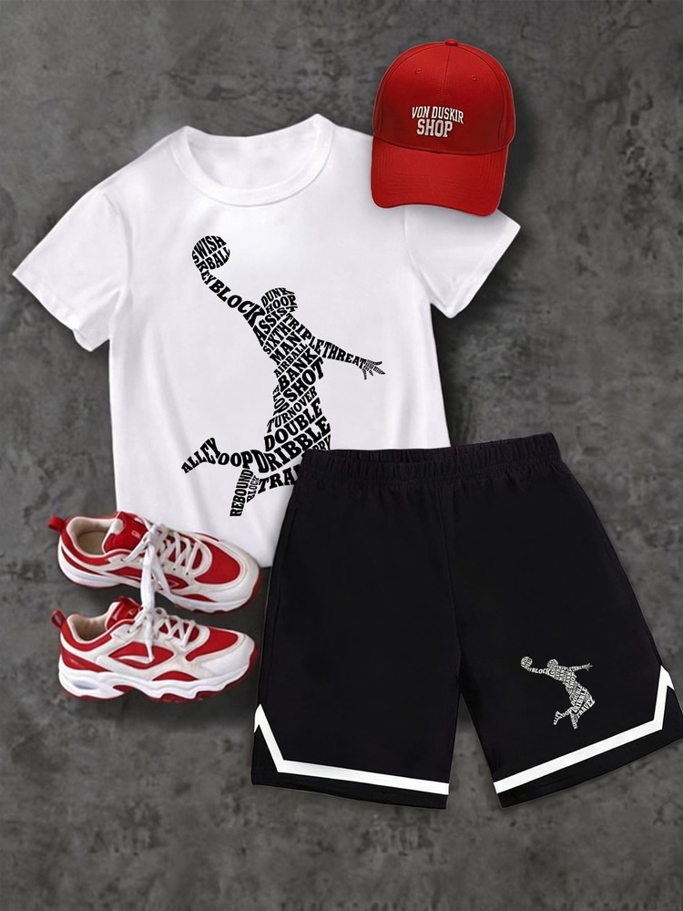 2pcs/Set Boys' Casual Basketball Player Silhouette Striped Graphic Tee And Shorts Set, Comfortable Daily Wear For Spring, Summer - Multicolor - View 1