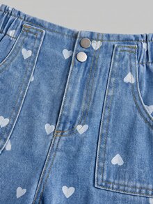SHEIN Little Byeori Celana Jeans Denim Kasual Longgar Kaki Lebar dengan Motif Hati dan Kantong untuk Bayi Perempuan - Light Wash - View 3