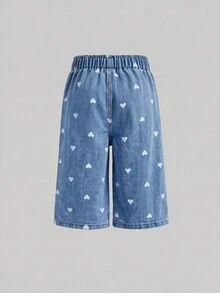 SHEIN Little Byeori Celana Jeans Denim Kasual Longgar Kaki Lebar dengan Motif Hati dan Kantong untuk Bayi Perempuan - Light Wash - View 2