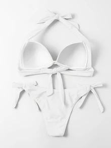 SHEIN Swim Bañador bikini halter push up con cordón lateral - Blanco - Ver 4