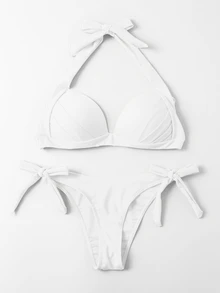 SHEIN Swim Bañador bikini halter push up con cordón lateral - Blanco - Ver 2