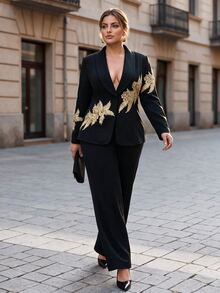 Chikora Plus Size Elegant Commuter 3D Floral Decor Jacket Pants Suit Set Wedding Cocktail Party Formal Dinner Evening Black Summer Black And Gold - Black - View 2