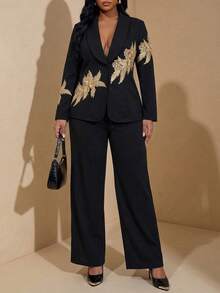 Chikora Plus Size Elegant Commuter 3D Floral Decor Jacket Pants Suit Set Wedding Cocktail Party Formal Dinner Evening Black Summer Black And Gold - Black - View 3