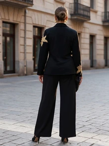 Chikora Plus Size Elegant Commuter 3D Floral Decor Jacket Pants Suit Set Wedding Cocktail Party Formal Dinner Evening Black Summer Black And Gold - Black - View 7