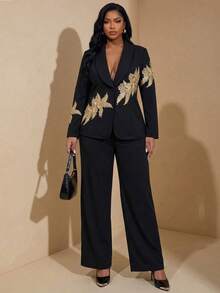 Chikora Plus Size Elegant Commuter 3D Floral Decor Jacket Pants Suit Set Wedding Cocktail Party Formal Dinner Evening Black Summer Black And Gold - Black - View 6