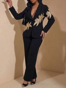Chikora Plus Size Elegant Commuter 3D Floral Decor Jacket Pants Suit Set Wedding Cocktail Party Formal Dinner Evening Black Summer Black And Gold - Black - View 5