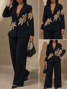 Chikora Plus Size Elegant Commuter 3D Floral Decor Jacket Pants Suit Set Wedding Cocktail Party Formal Dinner Evening Black Summer Black And Gold - Black - View 4