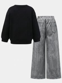 SHEIN 女童可愛秋冬休閒花卉印花衛衣與長褲套裝 - 棕色 - 查看 2