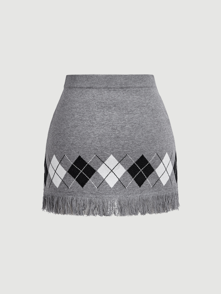 SHEIN MOD Tassel Collar Knit Mini Skirt Everyday School Grey Fall Preppy Elegant Classic Vintage Date - Grey - View 3