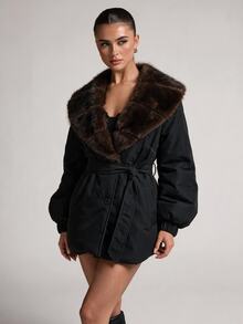 SHEIN BAE معطف شتوي مبطن للنساء بتصميم رقعات من الفرو الناعم، كاجوال ومتعدد الاستخدامات - الأسود - مشاهدة 5