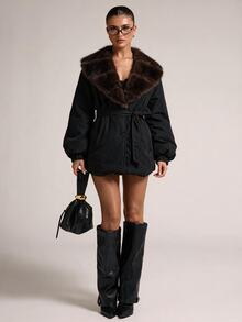 SHEIN BAE معطف شتوي مبطن للنساء بتصميم رقعات من الفرو الناعم، كاجوال ومتعدد الاستخدامات - الأسود - مشاهدة 3