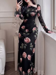 Feyla Women Floral Print Asymmetric Neckline Ruffle Elegant Romantic Dress Long Evening Dresses Dinner Cocktail Black And Pink Autumn - Black - View 1