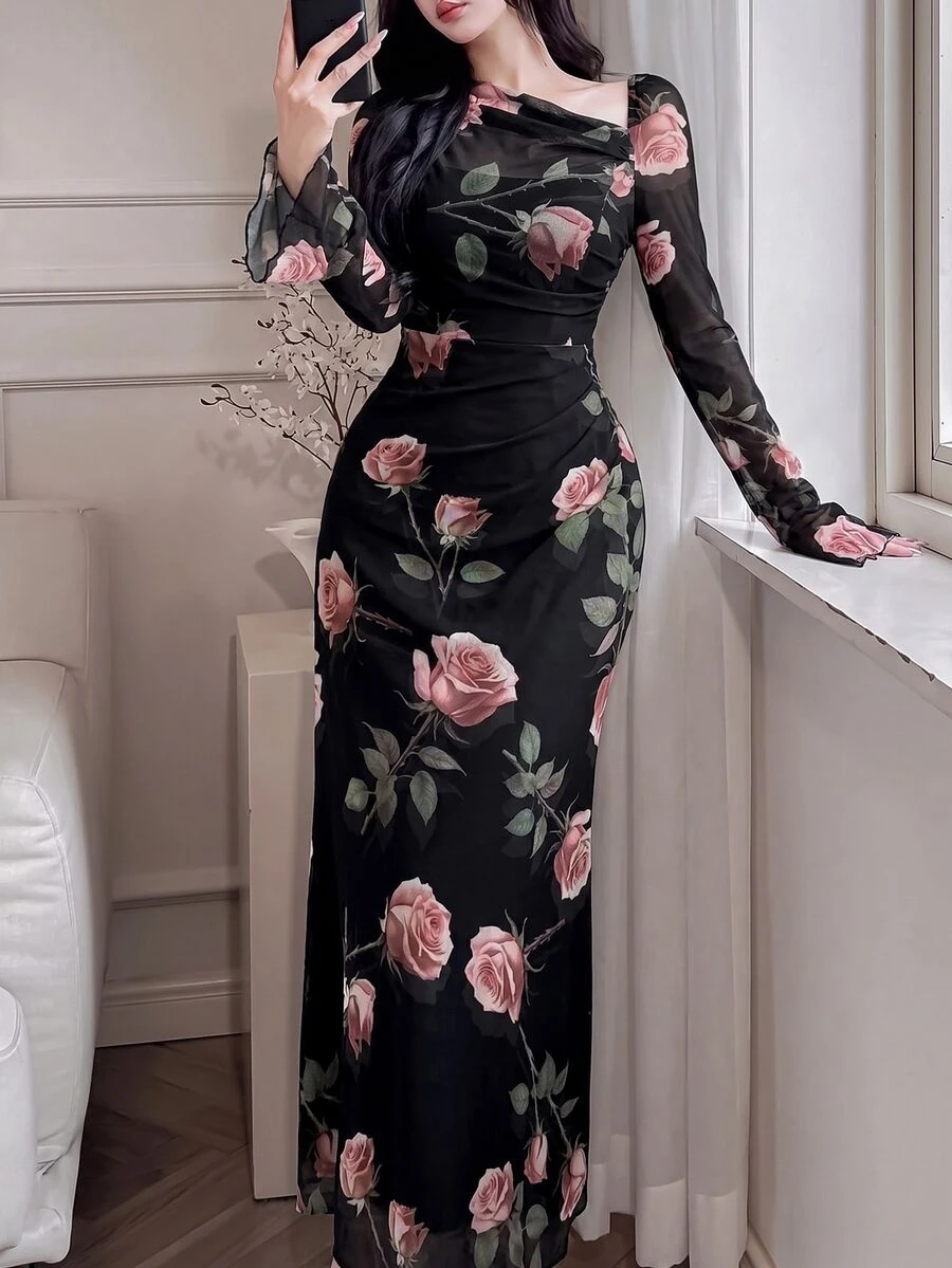 Feyla Women Floral Print Asymmetric Neckline Ruffle Elegant Romantic Dress Long Evening Dresses Dinner Cocktail Black And Pink Autumn - Black - View 1