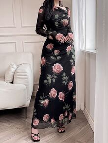 Feyla Women Floral Print Asymmetric Neckline Ruffle Elegant Romantic Dress Long Evening Dresses Dinner Cocktail Black And Pink Autumn - Black - View 5