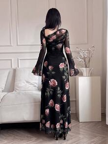Feyla Women Floral Print Asymmetric Neckline Ruffle Elegant Romantic Dress Long Evening Dresses Dinner Cocktail Black And Pink Autumn - Black - View 2