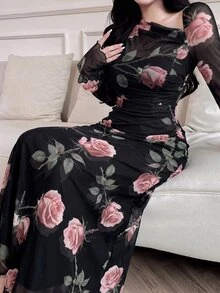 Feyla Women Floral Print Asymmetric Neckline Ruffle Elegant Romantic Dress Long Evening Dresses Dinner Cocktail Black And Pink Autumn - Black - View 3