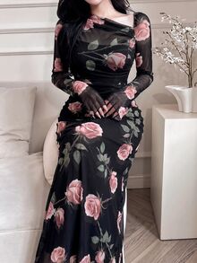 Feyla Women Floral Print Asymmetric Neckline Ruffle Elegant Romantic Dress Long Evening Dresses Dinner Cocktail Black And Pink Autumn - Black - View 4