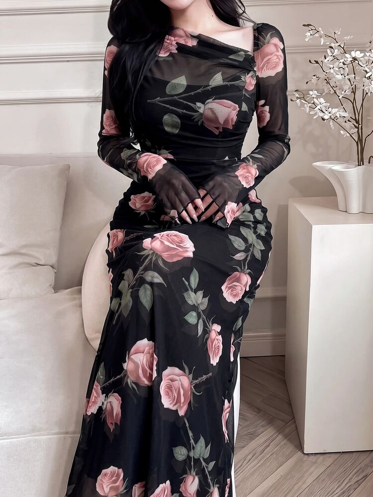 Feyla Women Floral Print Asymmetric Neckline Ruffle Elegant Romantic Dress Long Evening Dresses Dinner Cocktail Black And Pink Autumn - Black - View 4