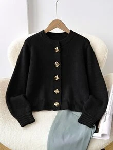 SHEIN 少女版寬鬆休閒金屬鈕扣圓領前開襟素色米色優雅秋季針織衫 - 黑色 - 查看 2