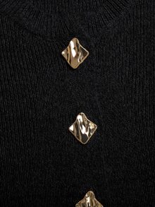 SHEIN 少女版寬鬆休閒金屬鈕扣圓領前開襟素色米色優雅秋季針織衫 - 黑色 - 查看 6