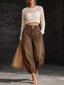 LUMIGAL Women's Street Fashion Button Pocket Denim Cropped Pants - Coffee Brown - View 5