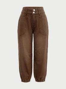 LUMIGAL Women's Street Fashion Button Pocket Denim Cropped Pants - Coffee Brown - View 3