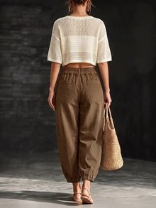 LUMIGAL Women's Street Fashion Button Pocket Denim Cropped Pants - Coffee Brown - View 2
