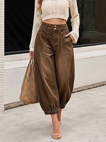 LUMIGAL Women's Street Fashion Button Pocket Denim Cropped Pants - Coffee Brown - View 6