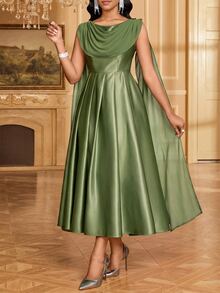 Fleurora Women's Solid Color Ruffled Neck Pleated Casual Party Mid-Length Dress, Summer,Dresses For Women Summer - Olive Green - View 6