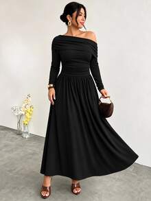 Firerie Plus Size Women's Elegant Solid Color Dress With Asymmetrical Neckline Design, Accentuating Graceful Curves; Suitable For Summer Weddings, Evening Parties, Cocktail Parties, Graduation Ceremonies And Other Formal Occasions. - Black - View 5