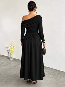 Firerie Plus Size Women's Elegant Solid Color Dress With Asymmetrical Neckline Design, Accentuating Graceful Curves; Suitable For Summer Weddings, Evening Parties, Cocktail Parties, Graduation Ceremonies And Other Formal Occasions. - Black - View 3