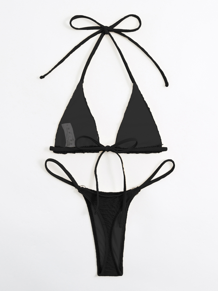 SHEIN Swim Summer Beach Halter Micro Triangle Thong Bikini Set - Black - View 2