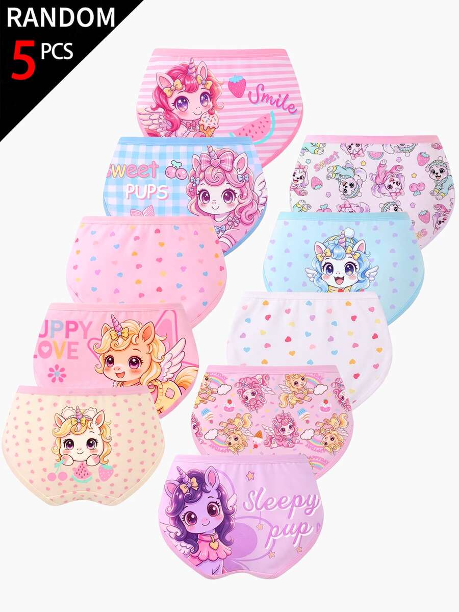 SHEIN 5件組隨機盲盒女童幼兒內褲，水果與動物印花組合系列，可愛小狗印花，多色組合，柔軟光滑觸感，針織布料製成，高彈性內褲套裝，適合日常基本需求、運動穿著，親膚舒適，四季輕便衣物